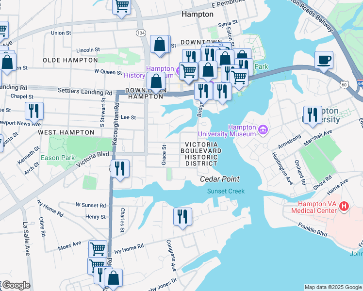 map of restaurants, bars, coffee shops, grocery stores, and more near 99 Linden Avenue in Hampton