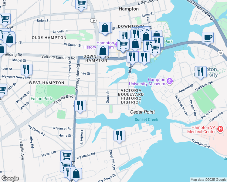 map of restaurants, bars, coffee shops, grocery stores, and more near 113 Linden Avenue in Hampton