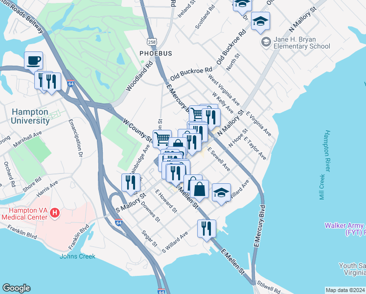 map of restaurants, bars, coffee shops, grocery stores, and more near 27 Booker Street in Hampton