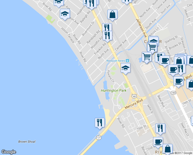 map of restaurants, bars, coffee shops, grocery stores, and more near 121 South Avenue in Newport News