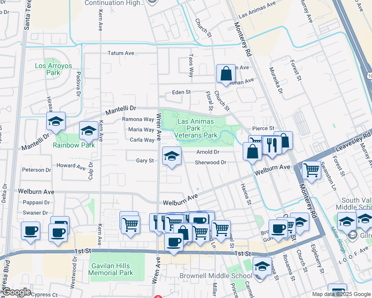 map of restaurants, bars, coffee shops, grocery stores, and more near 681 Sherwood Drive in Gilroy