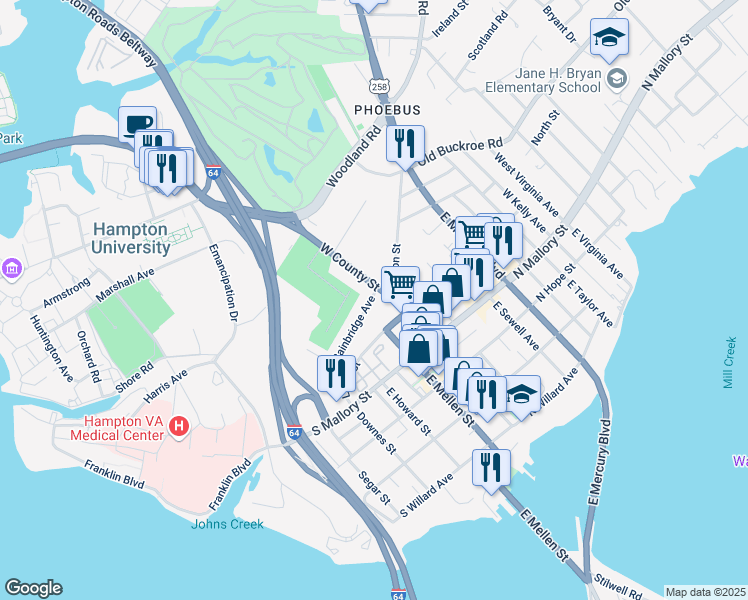 map of restaurants, bars, coffee shops, grocery stores, and more near 30 Bainbridge Avenue in Hampton