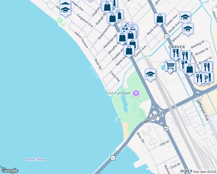 map of restaurants, bars, coffee shops, grocery stores, and more near 9300 River Road in Newport News