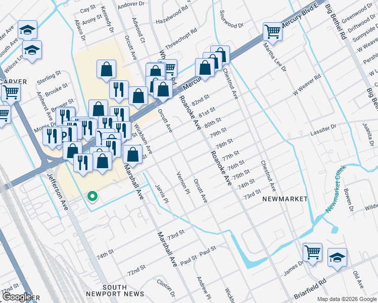 map of restaurants, bars, coffee shops, grocery stores, and more near 7710 Orcutt Avenue in Newport News