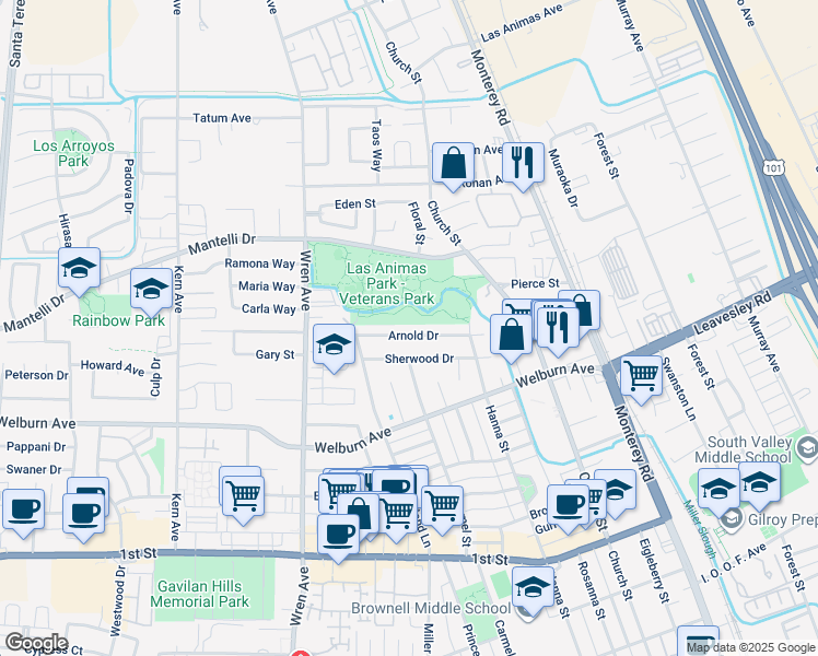map of restaurants, bars, coffee shops, grocery stores, and more near 561 Arnold Drive in Gilroy