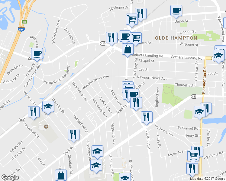 map of restaurants, bars, coffee shops, grocery stores, and more near 714 Milford Avenue in Hampton