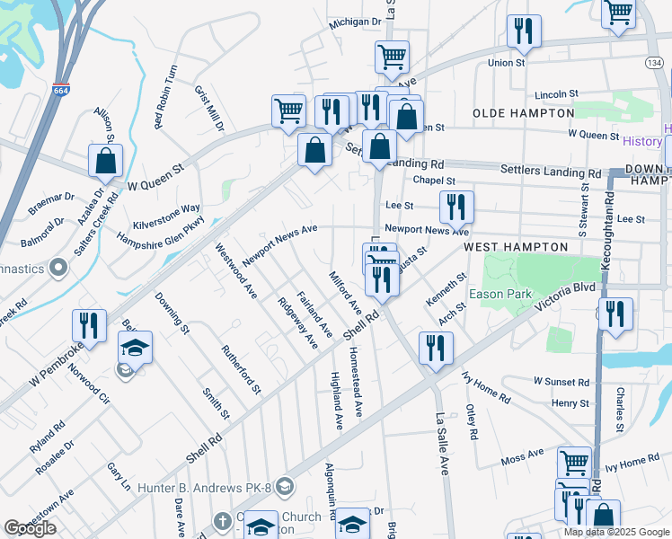 map of restaurants, bars, coffee shops, grocery stores, and more near 714 Milford Avenue in Hampton