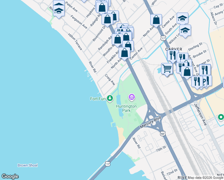 map of restaurants, bars, coffee shops, grocery stores, and more near 122 South Avenue in Newport News