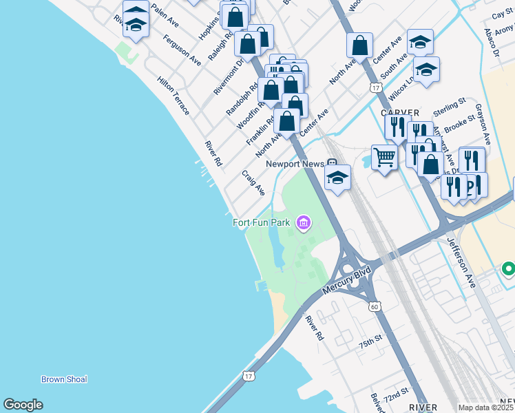 map of restaurants, bars, coffee shops, grocery stores, and more near 130 South Avenue in Newport News