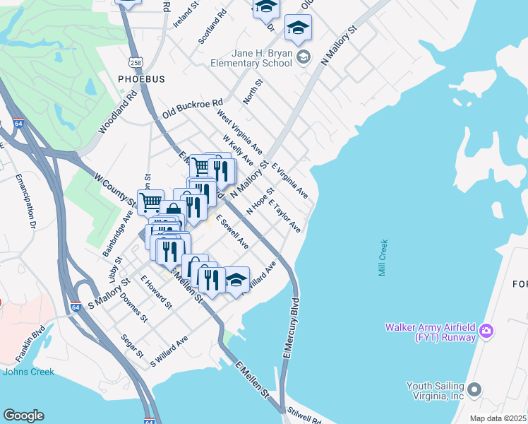 map of restaurants, bars, coffee shops, grocery stores, and more near 111 East Cummings Avenue in Hampton