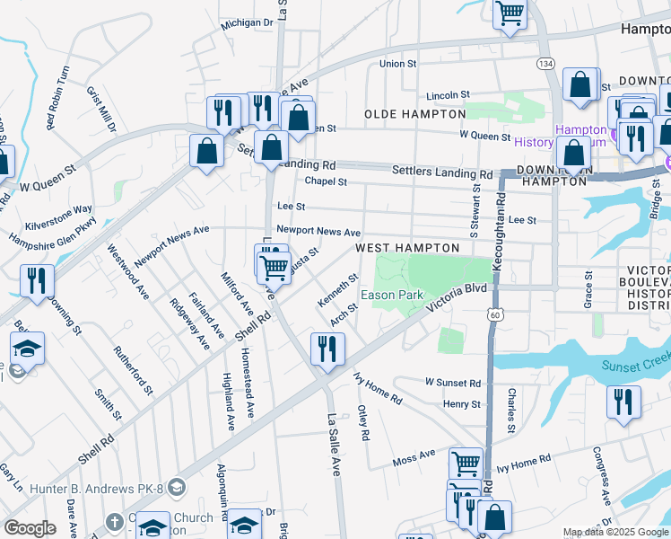 map of restaurants, bars, coffee shops, grocery stores, and more near 9 Kenneth Street in Hampton