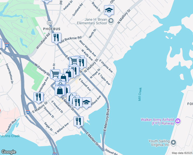 map of restaurants, bars, coffee shops, grocery stores, and more near 111 East Cummings Avenue in Hampton