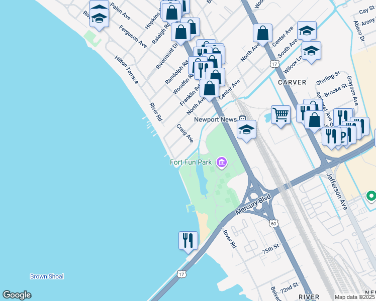 map of restaurants, bars, coffee shops, grocery stores, and more near 130 South Avenue in Newport News