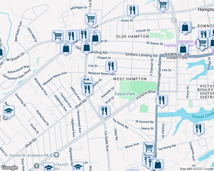 map of restaurants, bars, coffee shops, grocery stores, and more near 9 Kenneth Street in Hampton