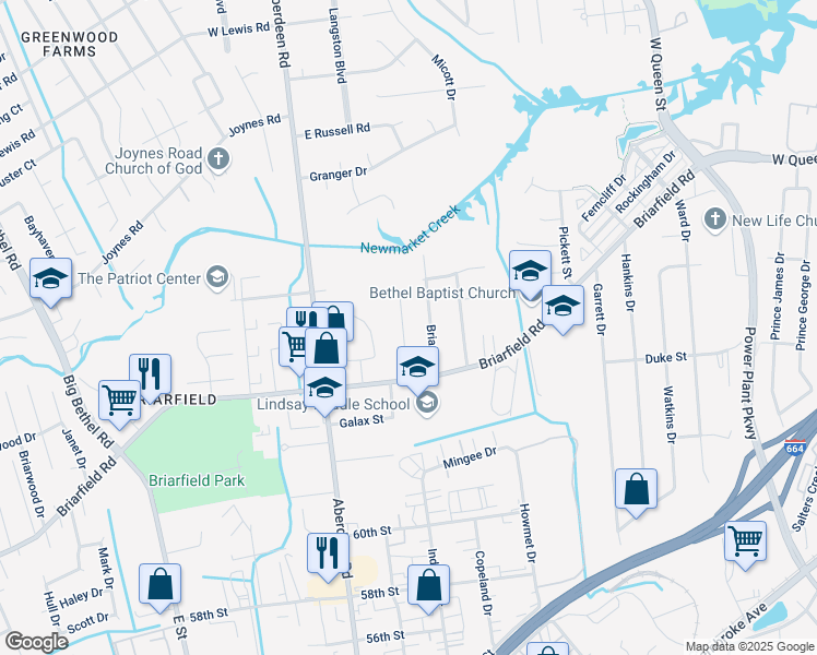 map of restaurants, bars, coffee shops, grocery stores, and more near 909 Glenrock Drive in Hampton