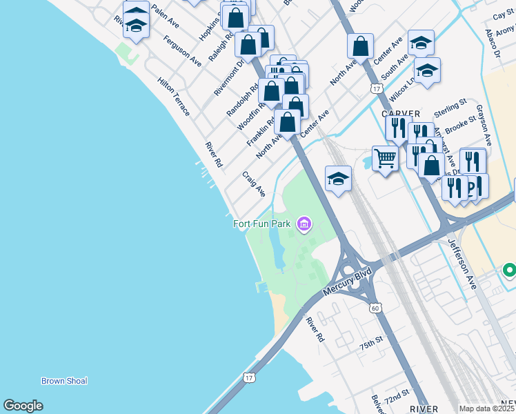 map of restaurants, bars, coffee shops, grocery stores, and more near 122 South Avenue in Newport News