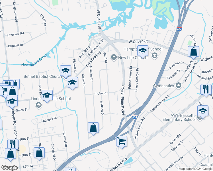 map of restaurants, bars, coffee shops, grocery stores, and more near 116 Ward Drive in Hampton