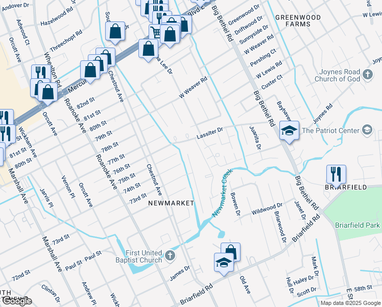 map of restaurants, bars, coffee shops, grocery stores, and more near 7314 Abraham Court in Newport News