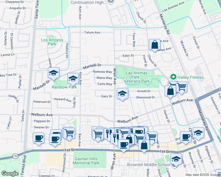 map of restaurants, bars, coffee shops, grocery stores, and more near 757 Gary Street in Gilroy