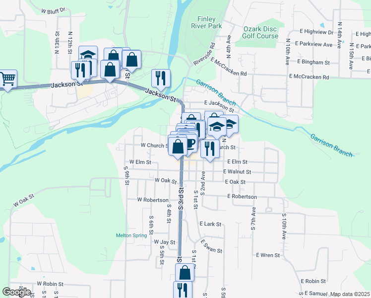 map of restaurants, bars, coffee shops, grocery stores, and more near 119 North 2nd Street in Ozark