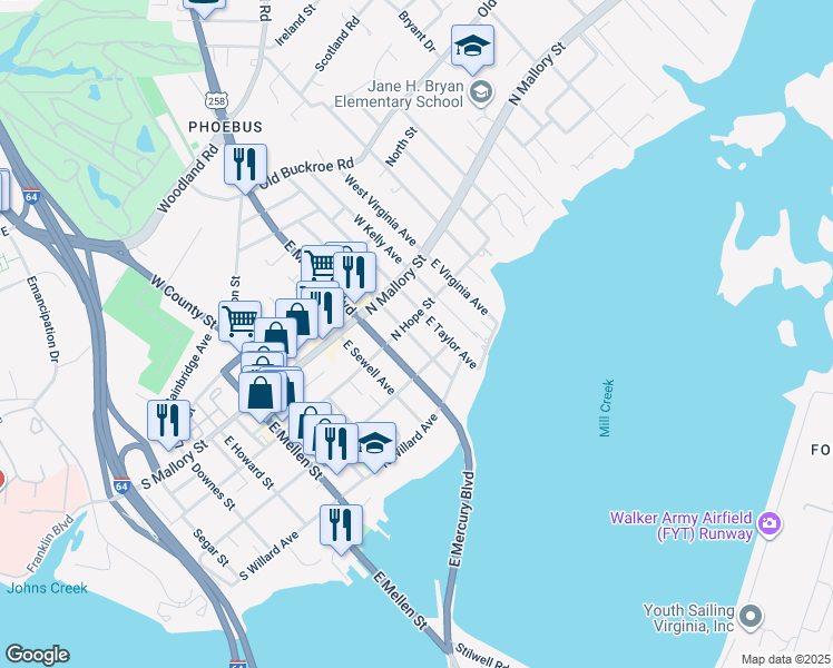 map of restaurants, bars, coffee shops, grocery stores, and more near 109 East Cummings Avenue in Hampton