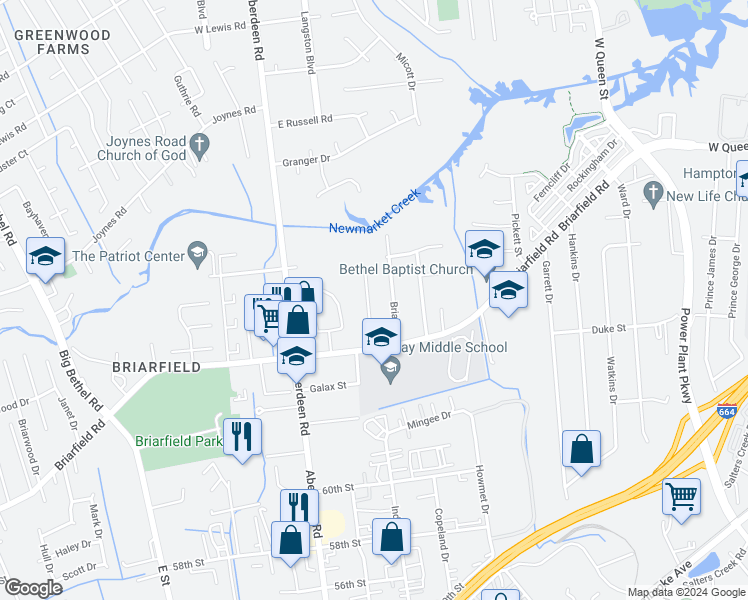 map of restaurants, bars, coffee shops, grocery stores, and more near 927 Glenrock Drive in Hampton