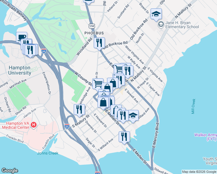 map of restaurants, bars, coffee shops, grocery stores, and more near 7 West Sewell Avenue in Hampton