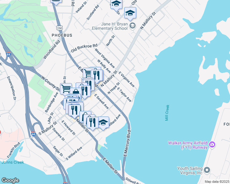 map of restaurants, bars, coffee shops, grocery stores, and more near 109 East Cummings Avenue in Hampton