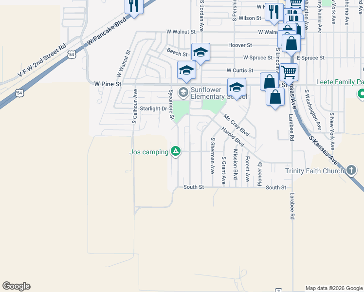 map of restaurants, bars, coffee shops, grocery stores, and more near 1101-1299 Sycamore St in Liberal