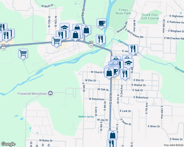 map of restaurants, bars, coffee shops, grocery stores, and more near 604 West Church Street in Ozark