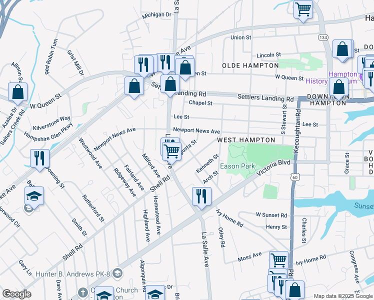 map of restaurants, bars, coffee shops, grocery stores, and more near 610 Worster Avenue in Hampton