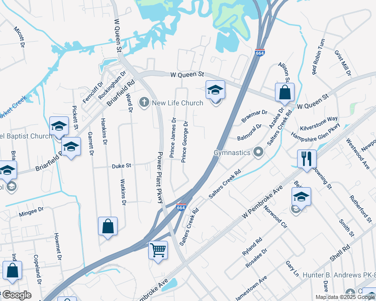 map of restaurants, bars, coffee shops, grocery stores, and more near 121 Prince George Dr in Hampton