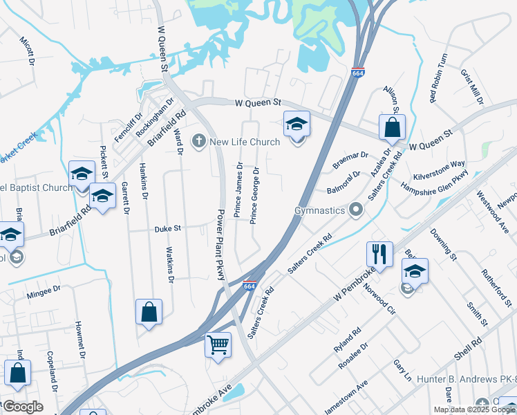map of restaurants, bars, coffee shops, grocery stores, and more near 121 Prince George Dr in Hampton