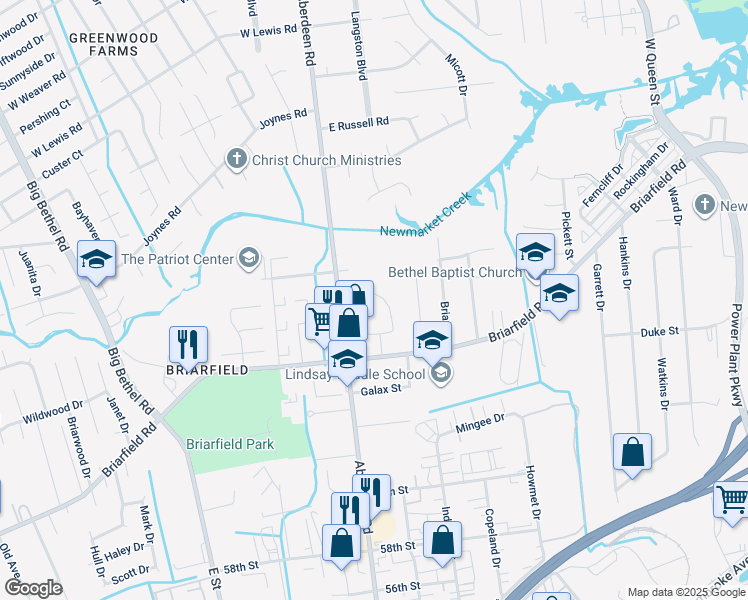 map of restaurants, bars, coffee shops, grocery stores, and more near 927 Thornbriar Court in Hampton