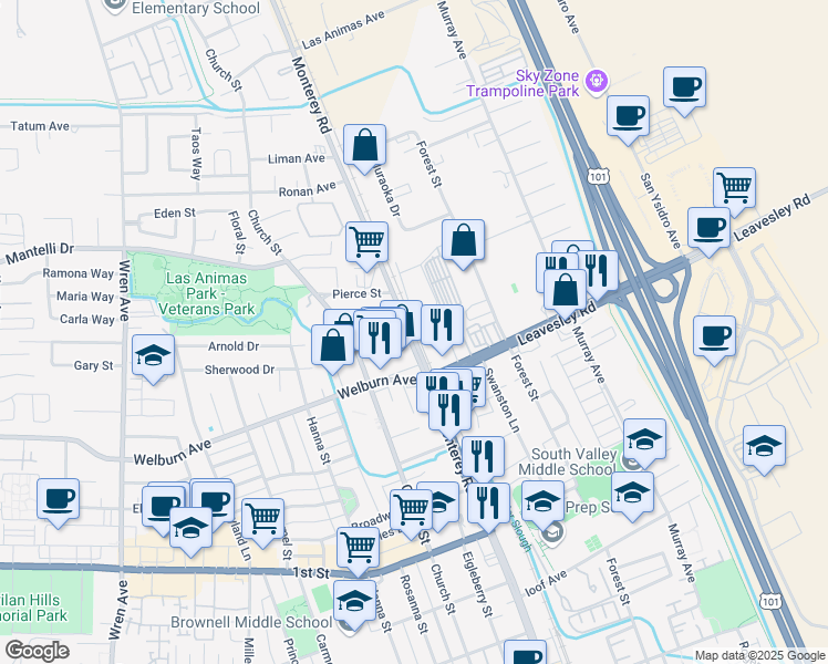 map of restaurants, bars, coffee shops, grocery stores, and more near 8598 Monterey Street in Gilroy