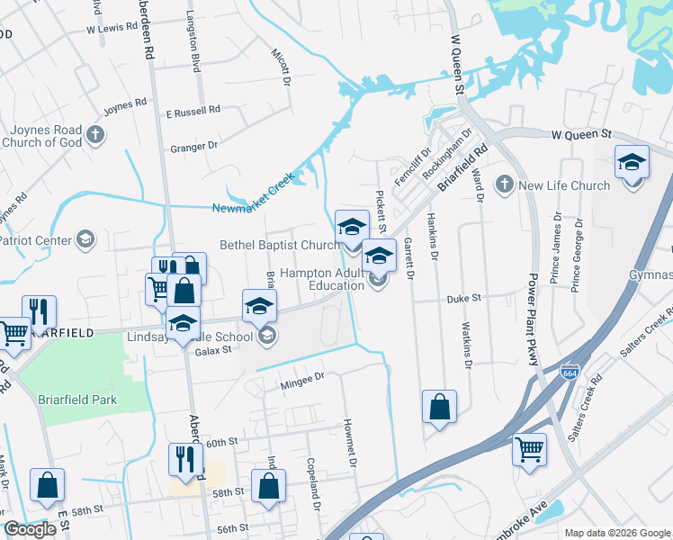 map of restaurants, bars, coffee shops, grocery stores, and more near 1699 Lawndale Drive in Hampton