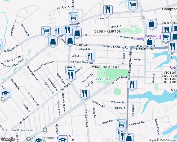 map of restaurants, bars, coffee shops, grocery stores, and more near 3914 Shell Road in Hampton