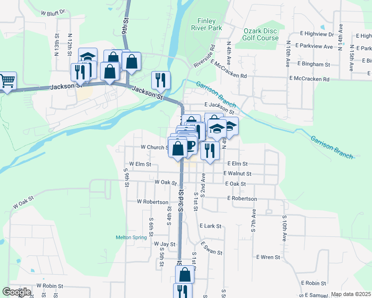 map of restaurants, bars, coffee shops, grocery stores, and more near in Ozark