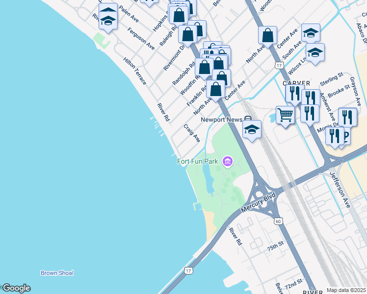 map of restaurants, bars, coffee shops, grocery stores, and more near 9506 River Road in Newport News