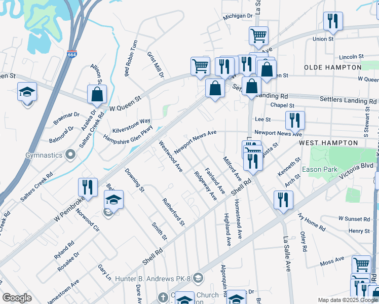 map of restaurants, bars, coffee shops, grocery stores, and more near 903 Newport News Avenue in Hampton