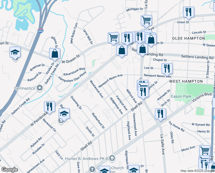 map of restaurants, bars, coffee shops, grocery stores, and more near 903 Newport News Avenue in Hampton