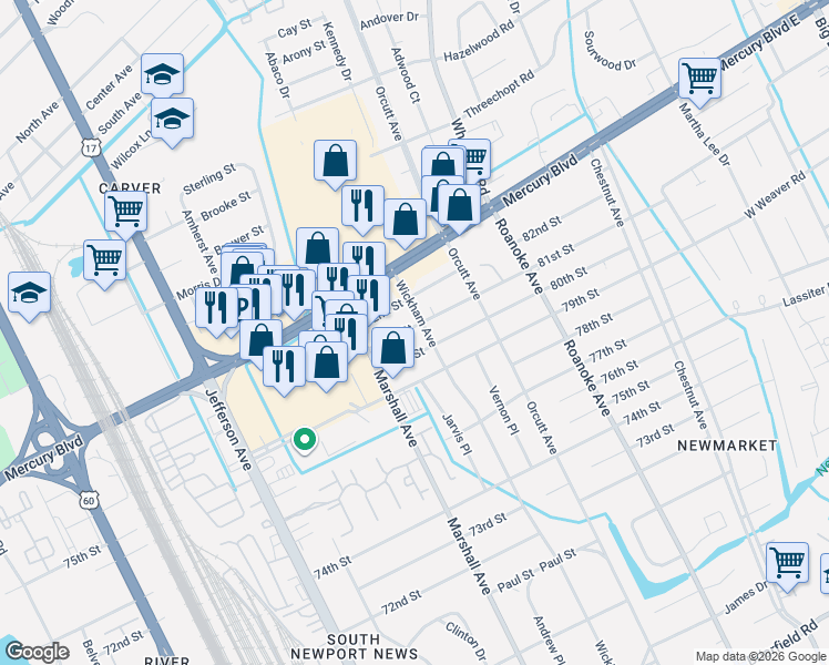 map of restaurants, bars, coffee shops, grocery stores, and more near 5103 82nd Street in Newport News