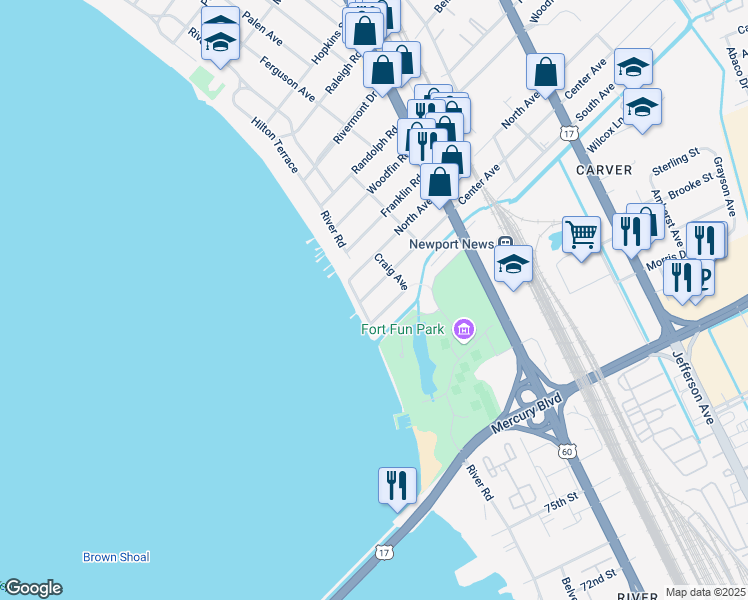 map of restaurants, bars, coffee shops, grocery stores, and more near 9506 River Road in Newport News
