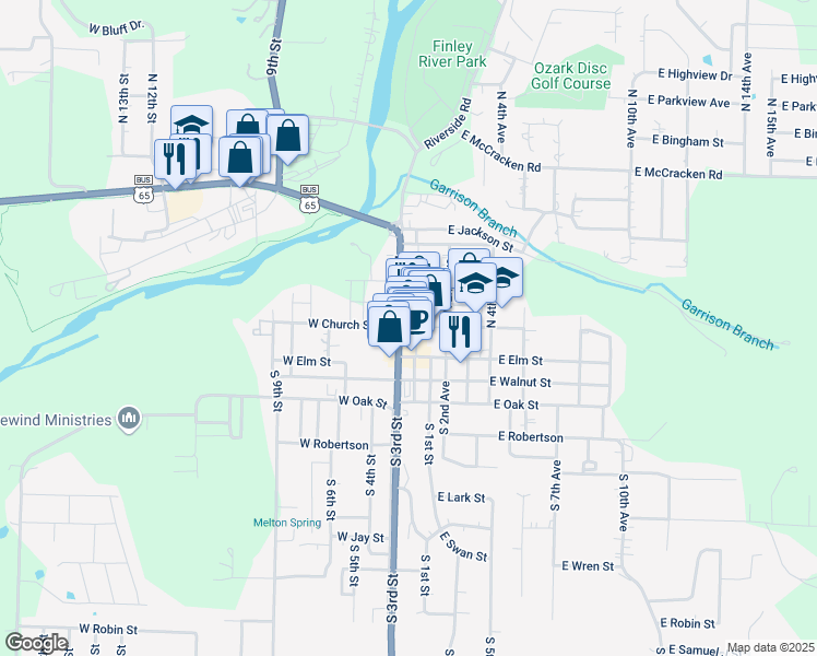 map of restaurants, bars, coffee shops, grocery stores, and more near 200-298 W Church St in Ozark