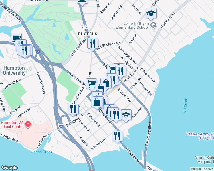 map of restaurants, bars, coffee shops, grocery stores, and more near 41 Booker Street in Hampton
