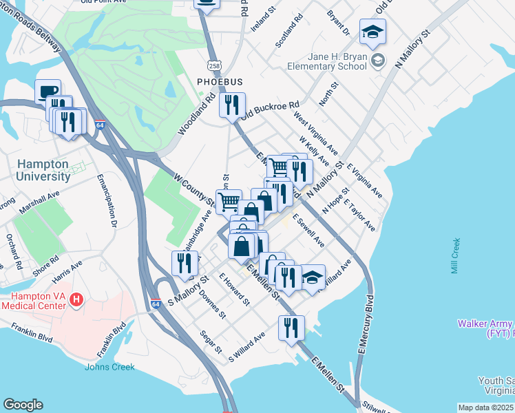map of restaurants, bars, coffee shops, grocery stores, and more near 234 Libby Street in Hampton