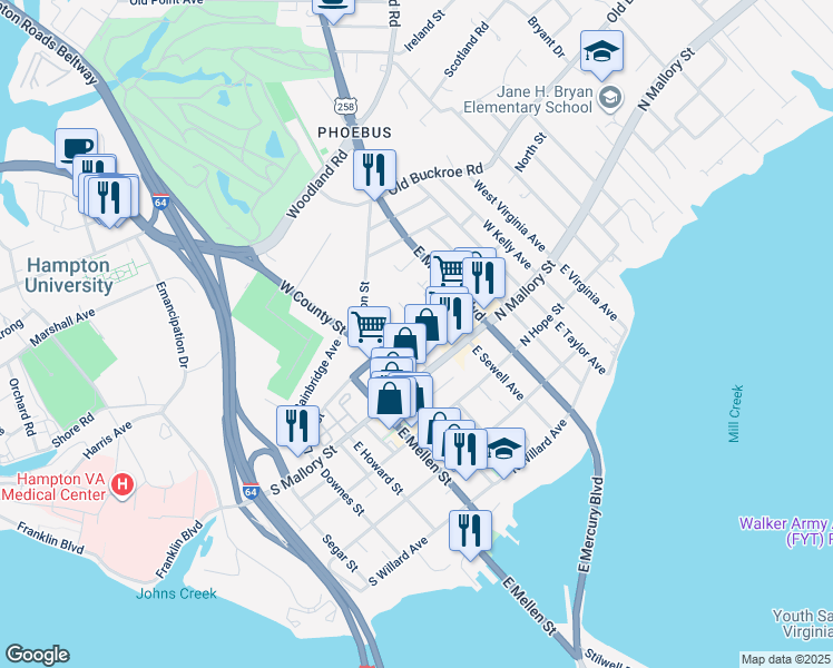map of restaurants, bars, coffee shops, grocery stores, and more near 234 Libby Street in Hampton