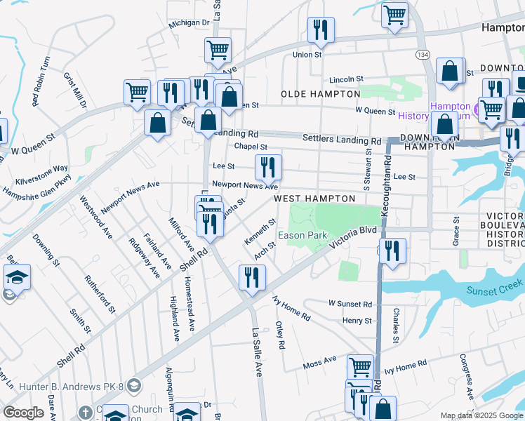 map of restaurants, bars, coffee shops, grocery stores, and more near 3914 Shell Road in Hampton