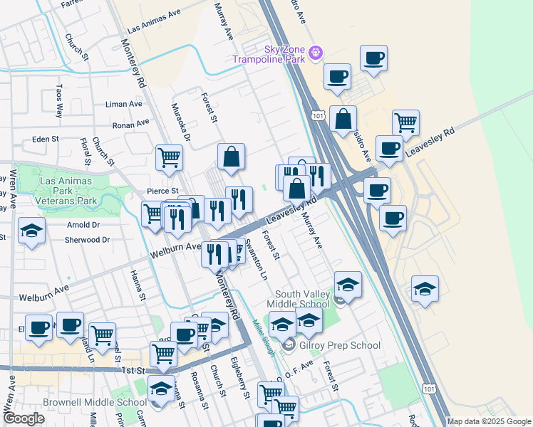map of restaurants, bars, coffee shops, grocery stores, and more near 8475 Forest Street in Gilroy