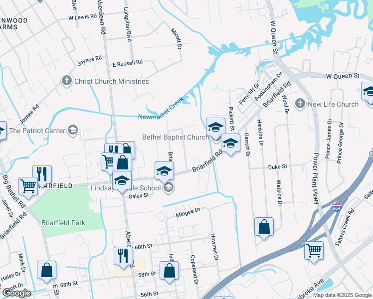 map of restaurants, bars, coffee shops, grocery stores, and more near 12 Northwood Drive in Hampton